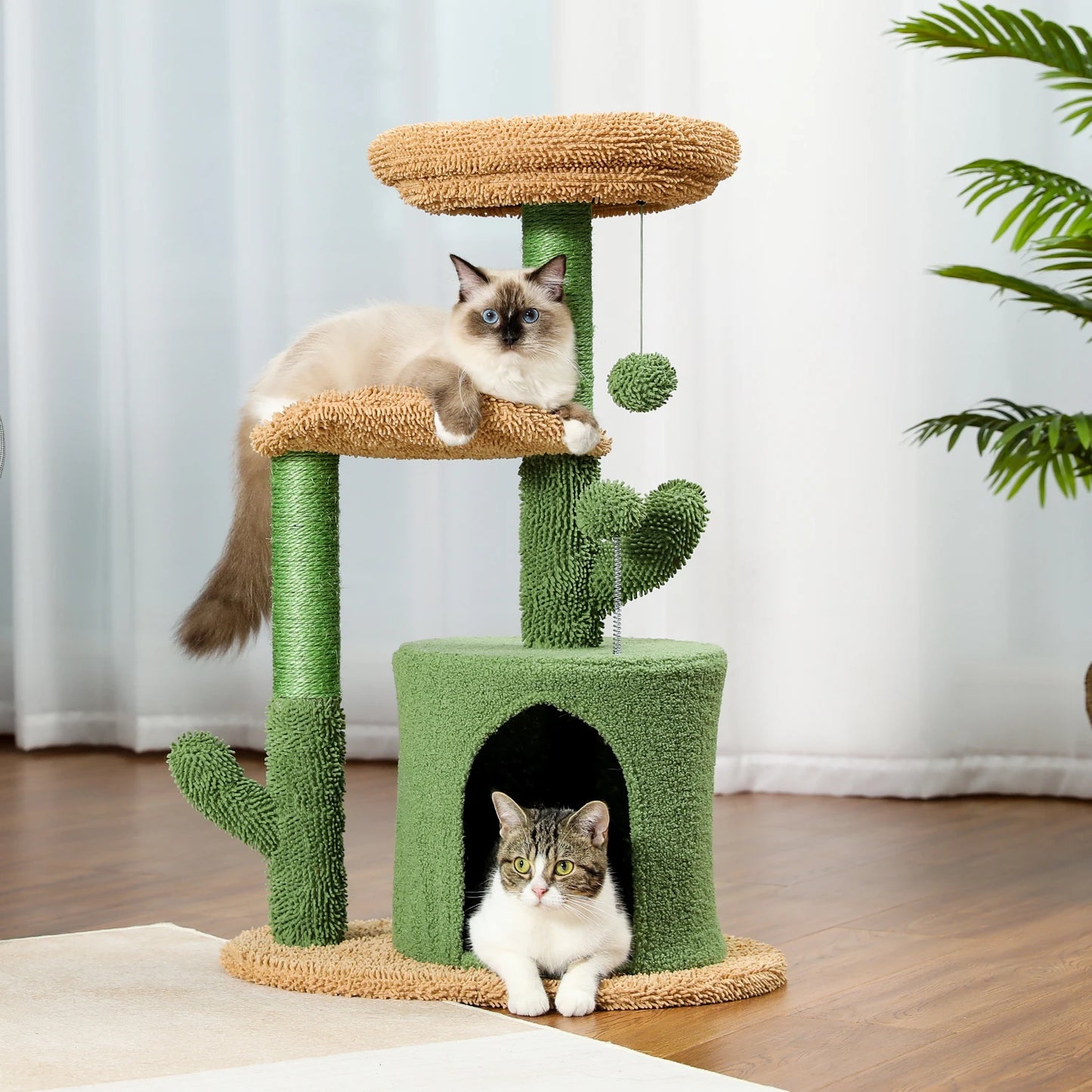two Cat Climbing Cat Scratching Post Cactus Tree Tower with Sisal Rope
