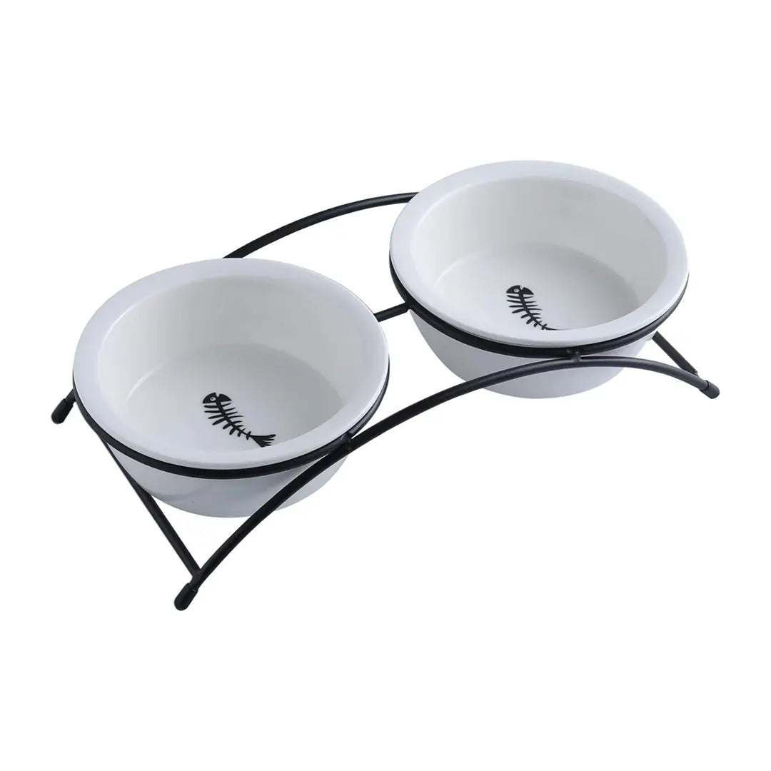 Double cat feeding bowls with fishbone design and sturdy metal stand for food and water.