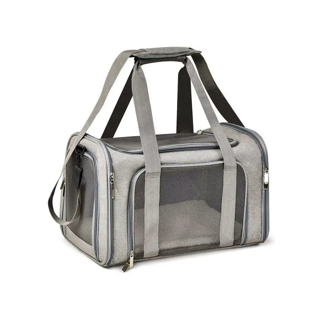 Durable and stylish soft-sided cat travel carrier with mesh ventilation and shoulder straps for safe and comfortable pet transportation.