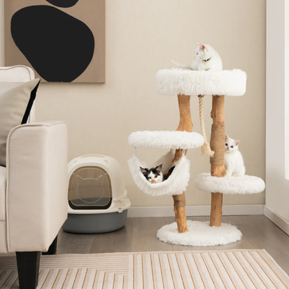 Solid Wood Cat Tower with Jute Scratching Posts and Hanging Rope