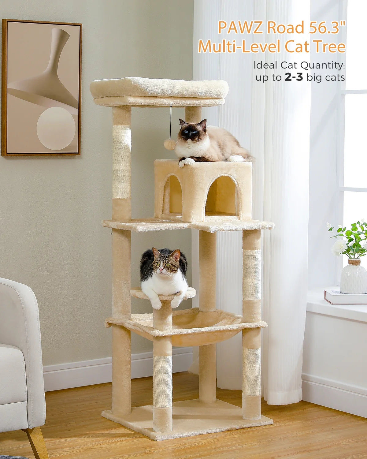 Cat Tree Tower with Hammock and Sisal Scratching Posts 54"