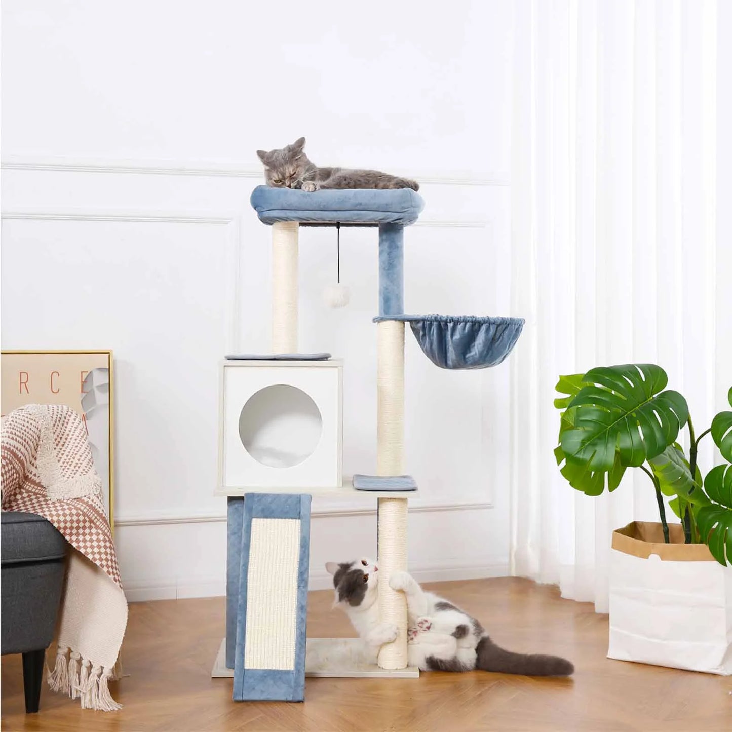 45 in Cat Tree Cat Tower with Perch, Hammock, Scratching Post, Stone Blue, 18.9X15.75X45"