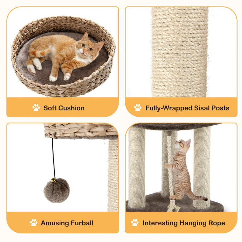 41 Inch Rattan Cat Tree with Napping Perch