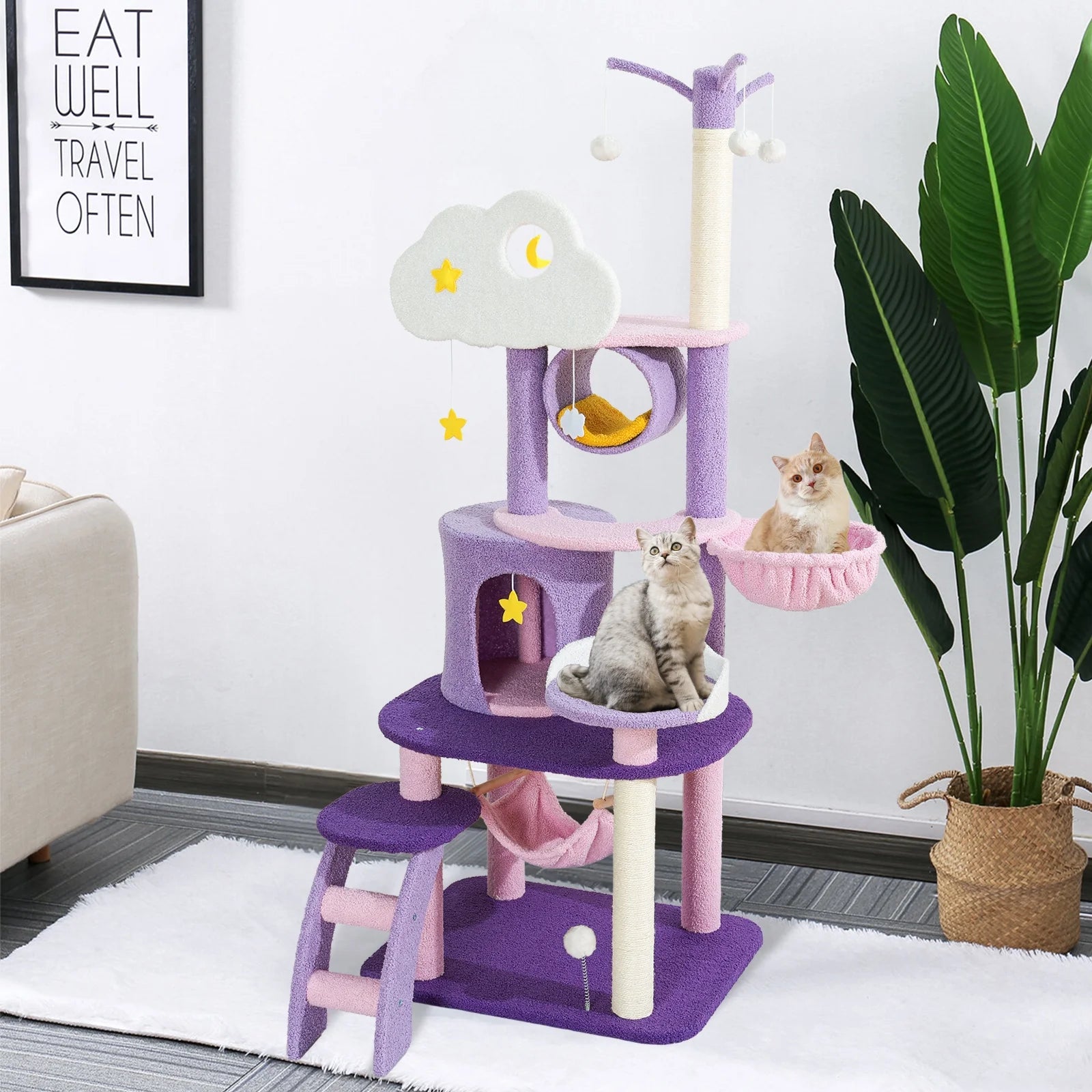 65" Cat Tree with Condo Scratching Post Tower Hammock Toys Multi-Level for Indoor Cats, Purple