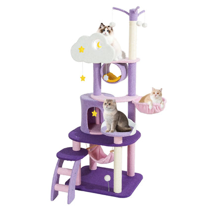 65" Cat Tree with Condo Scratching Post Tower Hammock Toys Multi-Level for Indoor Cats, Purple