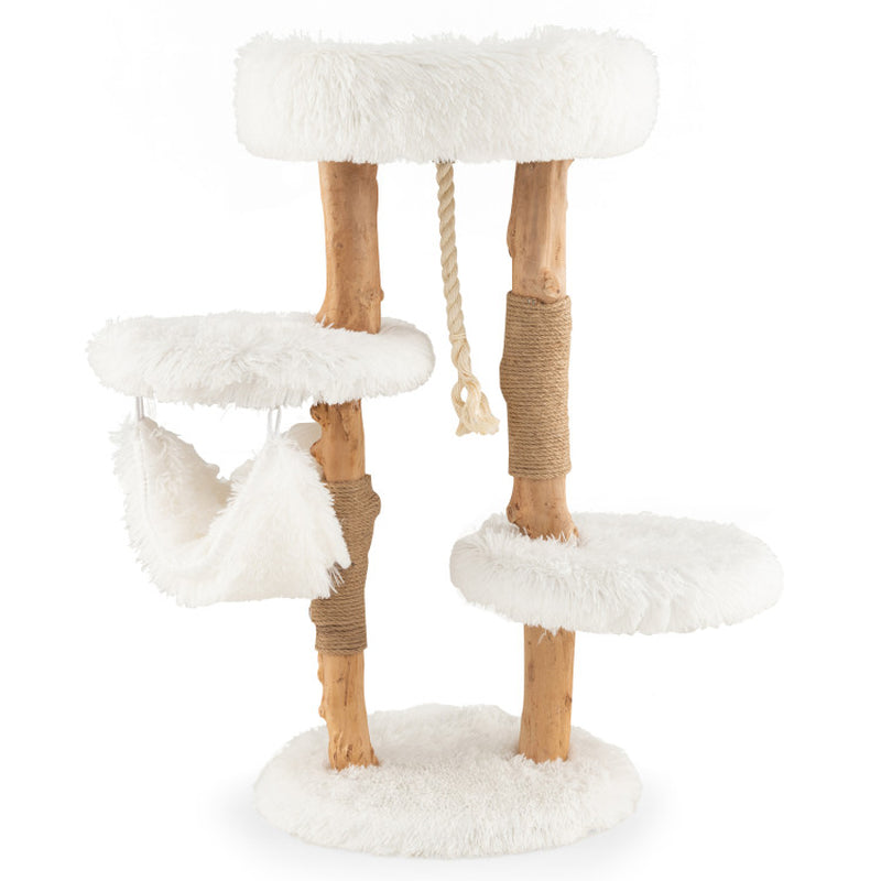 Solid Wood Cat Tower with Jute Scratching Posts and Hanging Rope