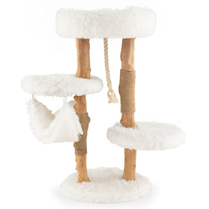 Solid Wood Cat Tower with Jute Scratching Posts and Hanging Rope