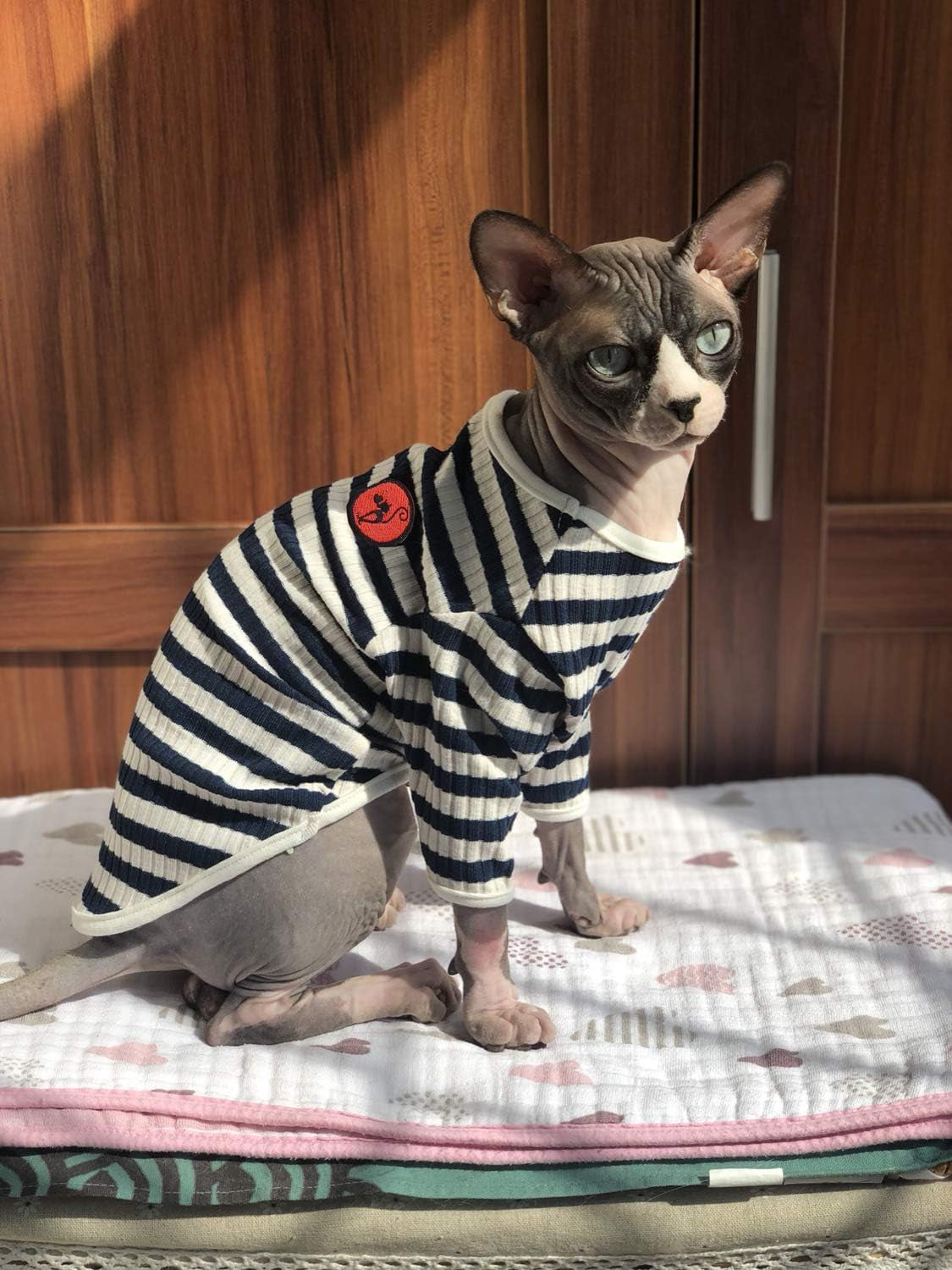 Hairless Cats Shirt Breathable Cat Daily Wear Clothes Stripe Vest Adorable Pajamas Jumpsuit Soft & Skin-Friendly