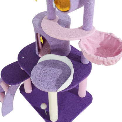 65" Cat Tree with Condo Scratching Post Tower Hammock Toys Multi-Level for Indoor Cats, Purple