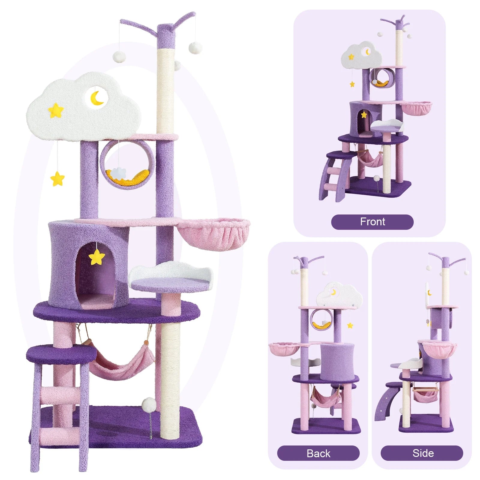 65" Cat Tree with Condo Scratching Post Tower Hammock Toys Multi-Level for Indoor Cats, Purple