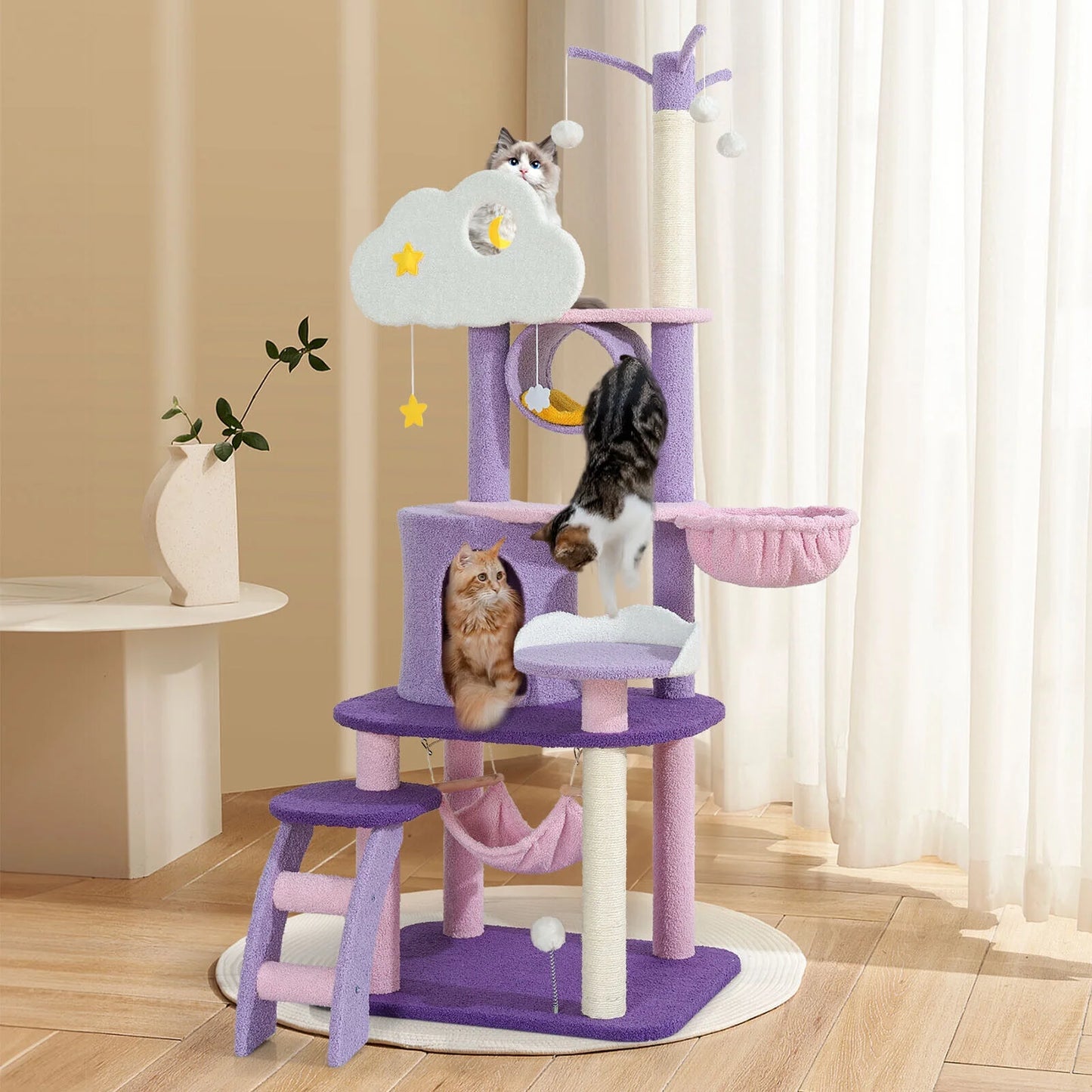 65" Cat Tree with Condo Scratching Post Tower Hammock Toys Multi-Level for Indoor Cats, Purple