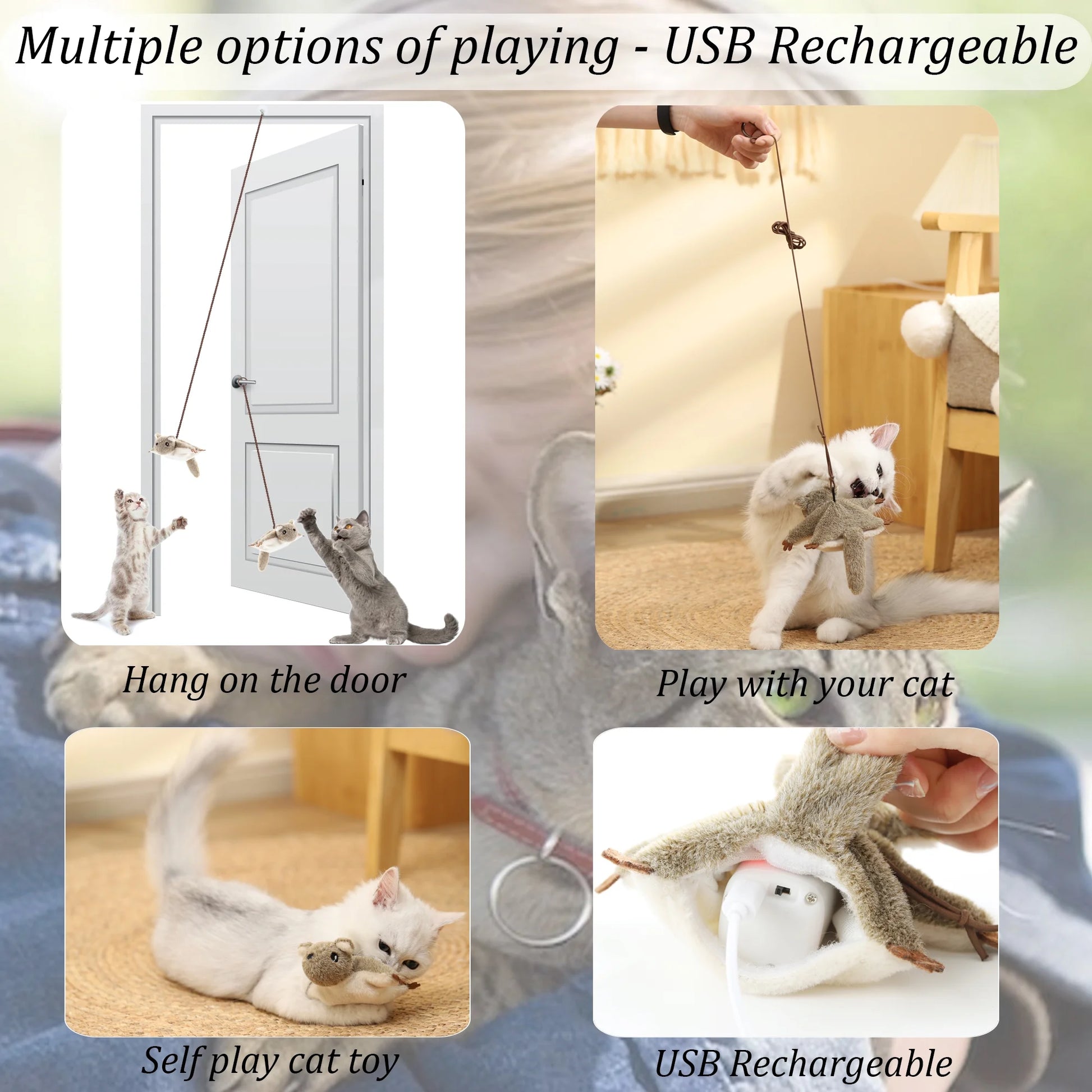 Interactive Cat Toys Flapping Squeaky Mouse Kitten Toy Real Plush Mice Chirp Kitty Toy with 3 Motion Activated Pattern Automatic Cat Catnip Toy for Indoor Cats USB Rechargeable Flying Squirrel