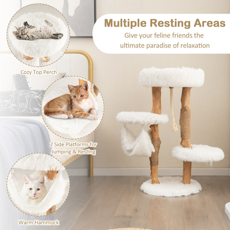 Solid Wood Cat Tower with Jute Scratching Posts and Hanging Rope