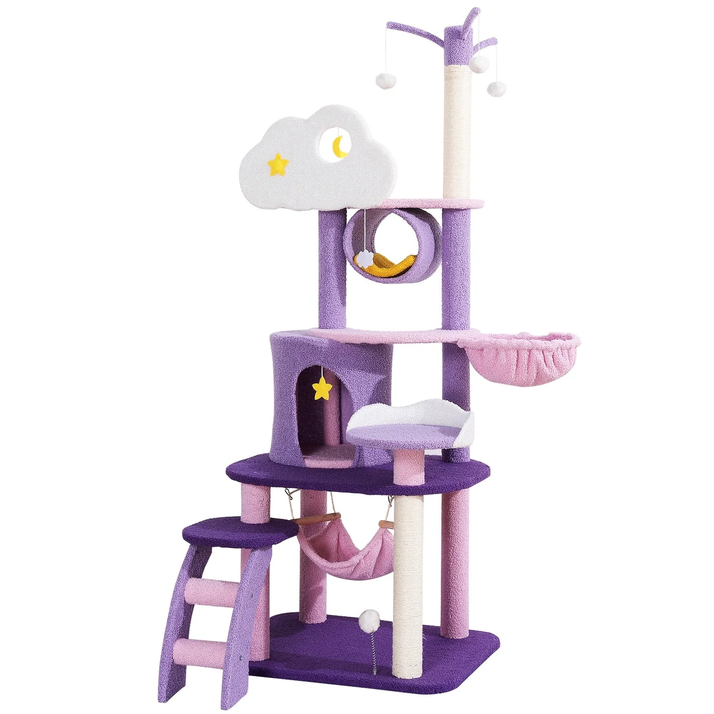 65" Cat Tree with Condo Scratching Post Tower Hammock Toys Multi-Level for Indoor Cats, Purple