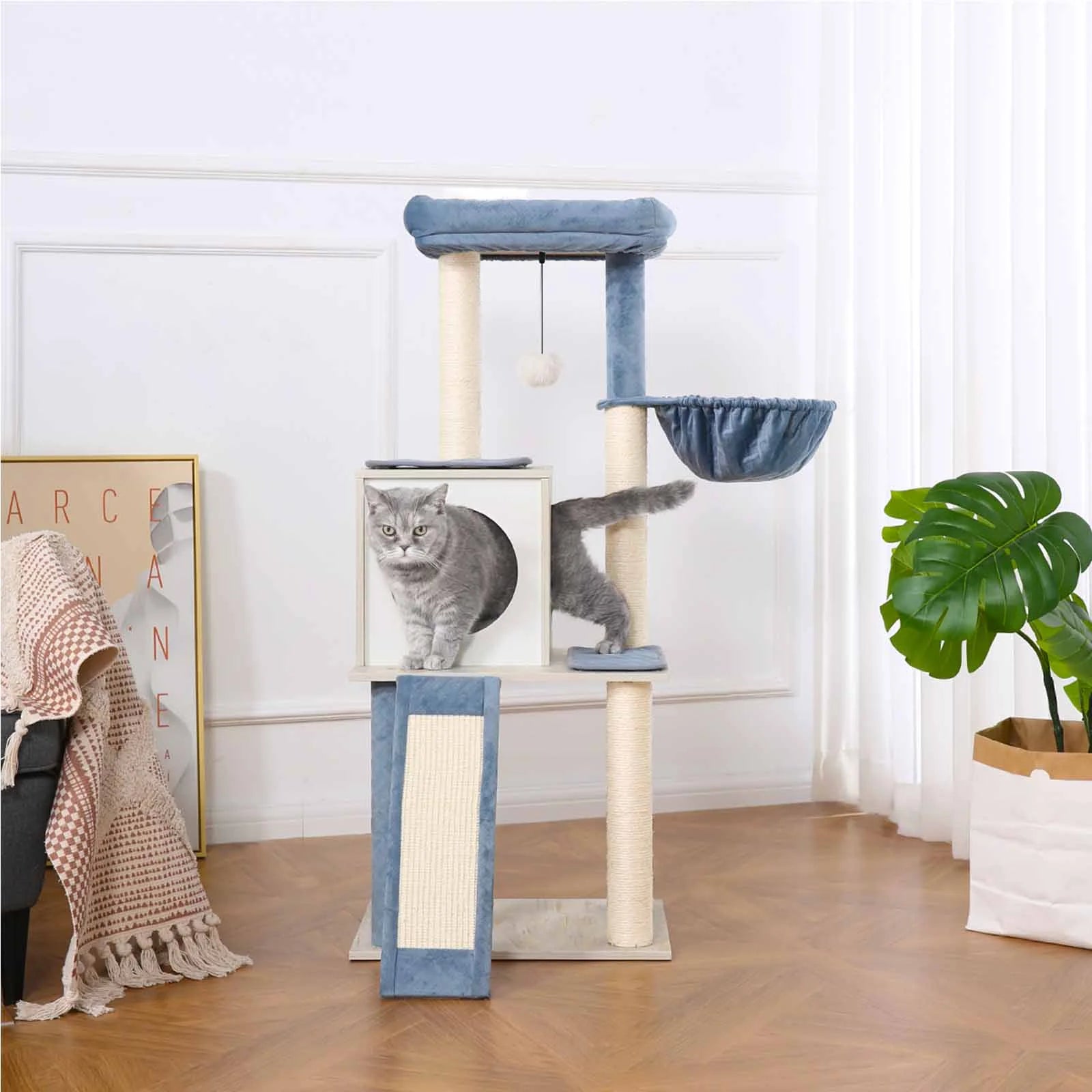 45 in Cat Tree Cat Tower with Perch, Hammock, Scratching Post, Stone Blue, 18.9X15.75X45"