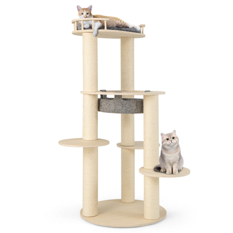 5-Level Wooden Cat Tree with Padded Perch Non-Woven Hammock