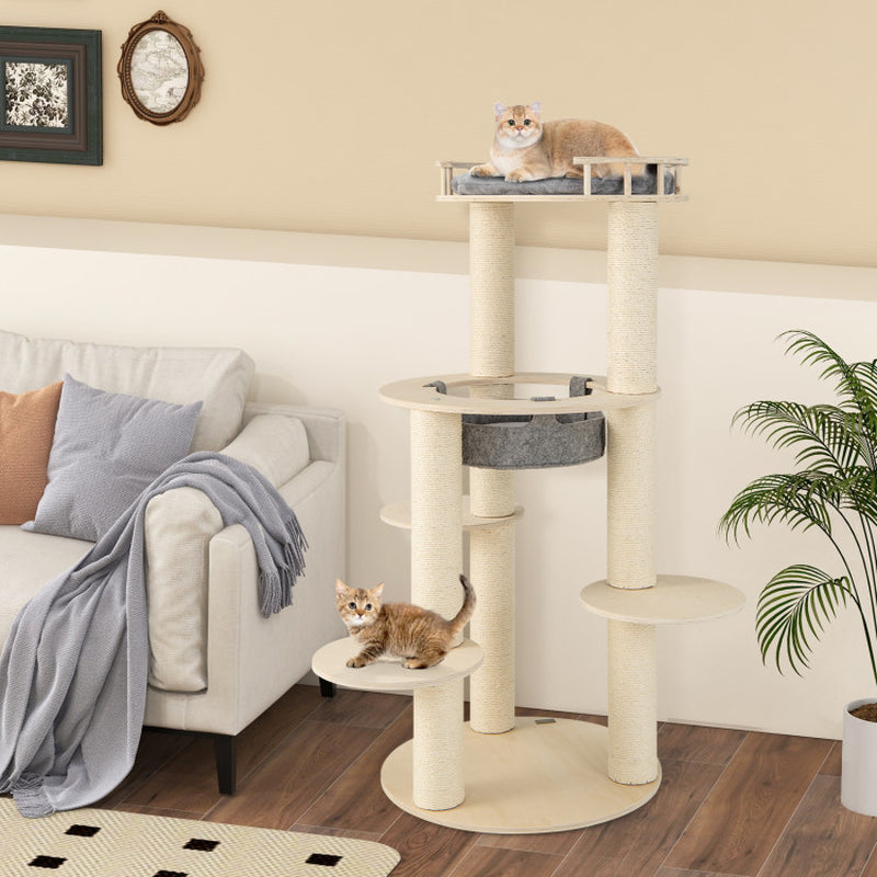 5-Level Wooden Cat Tree with Padded Perch Non-Woven Hammock