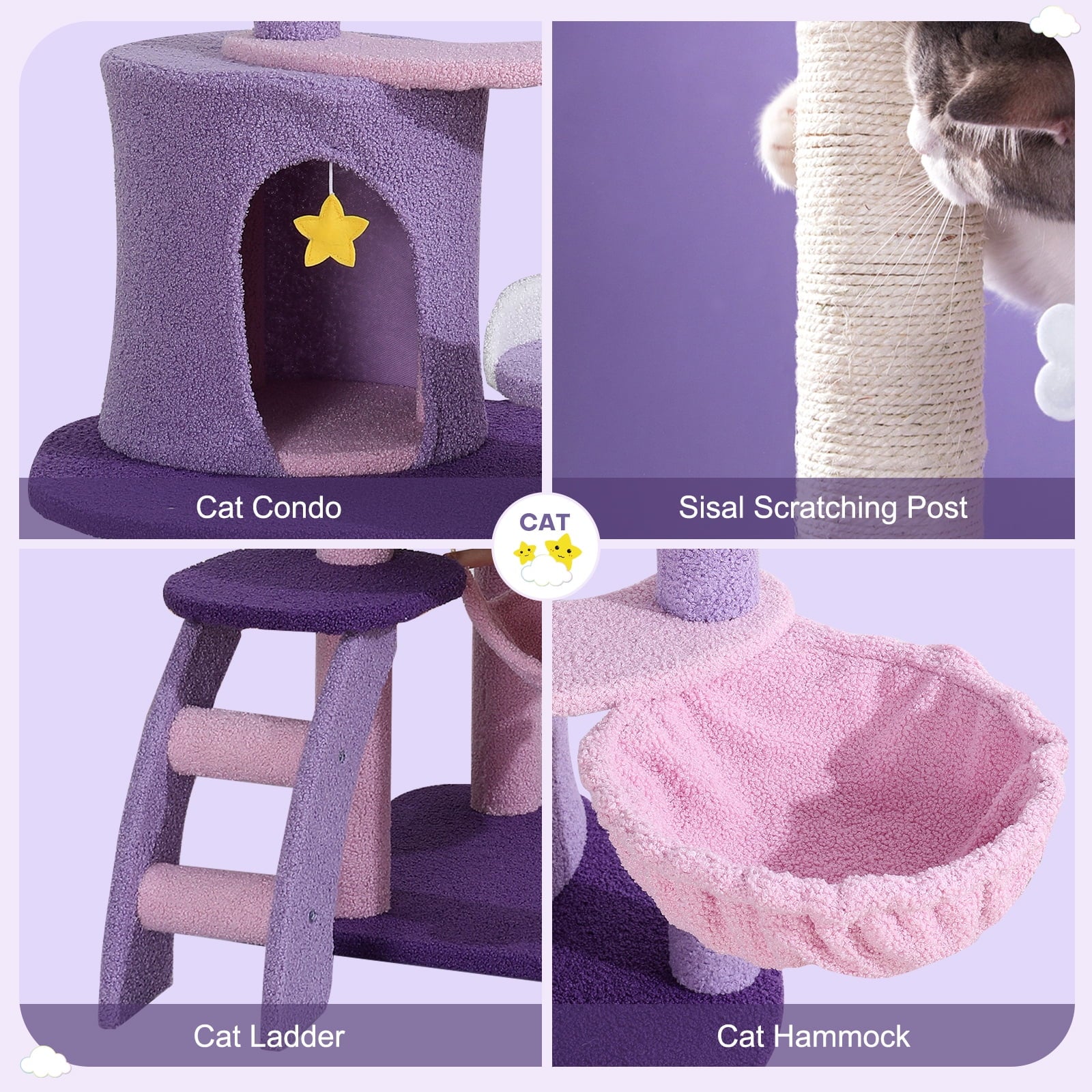 65" Cat Tree with Condo Scratching Post Tower Hammock Toys Multi-Level for Indoor Cats, Purple