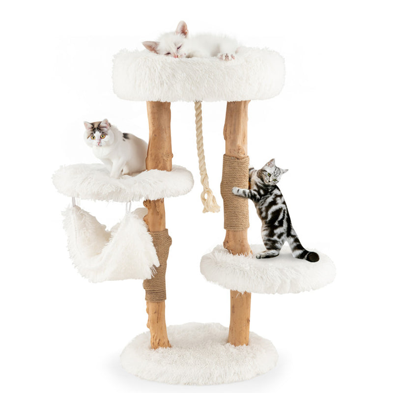 Solid Wood Cat Tower with Jute Scratching Posts and Hanging Rope