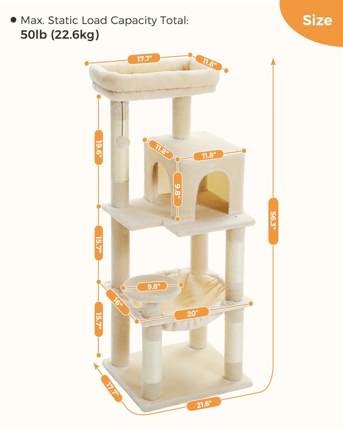 Cat Tree Tower with Hammock and Sisal Scratching Posts 54"