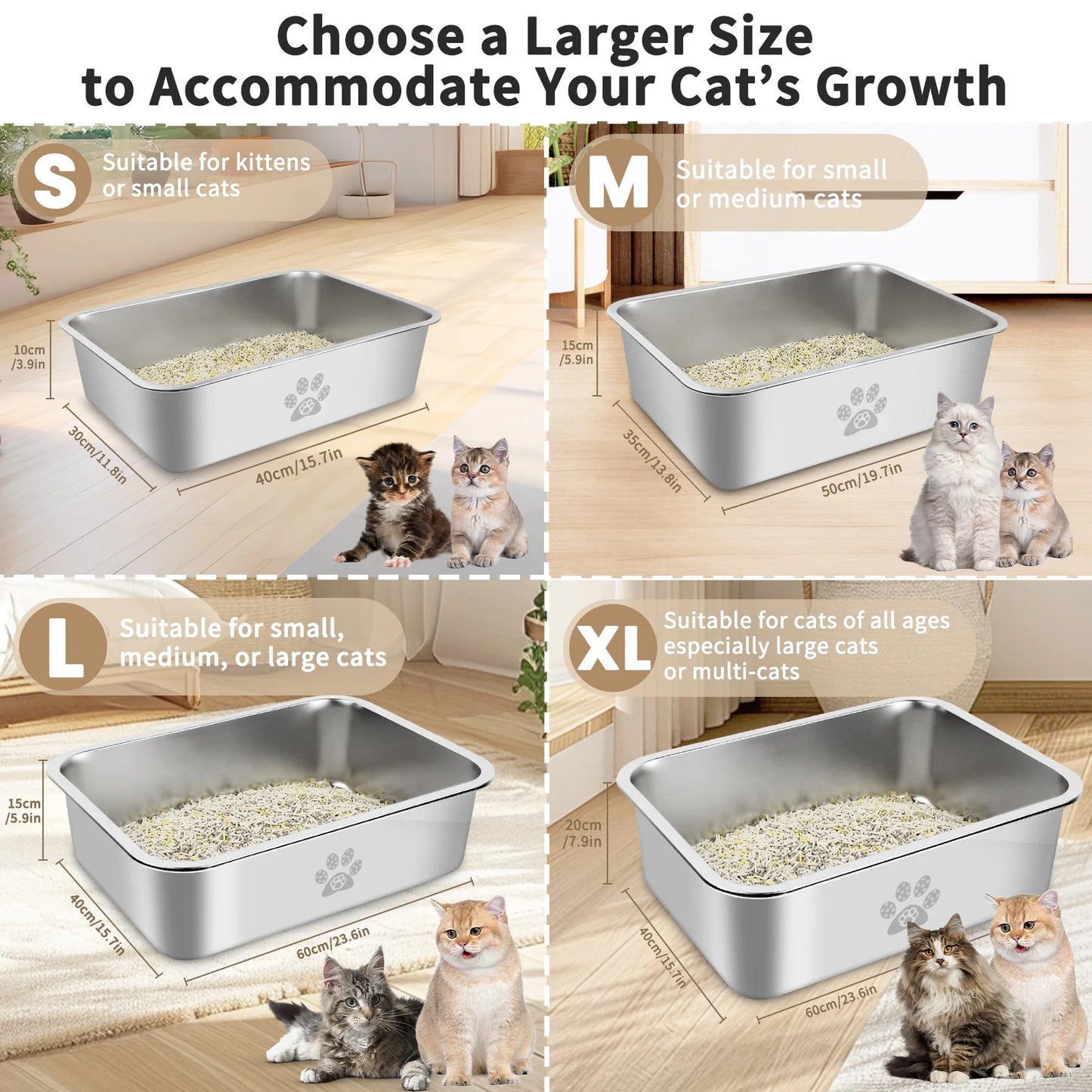 Cat Litter Box with High Sides Large Stainless Steel Litter Pan 23.6" X 15.7" X 5.9"