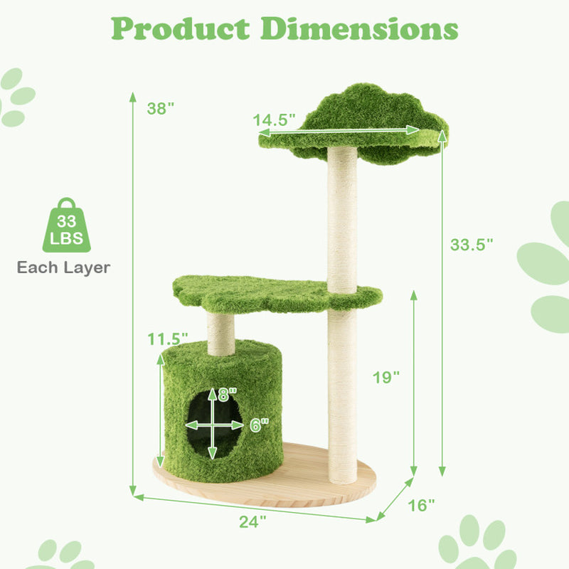 38 Inch Cute Cat Tree for Indoor Cats with Fully Wrapped Sisal Scratching Posts