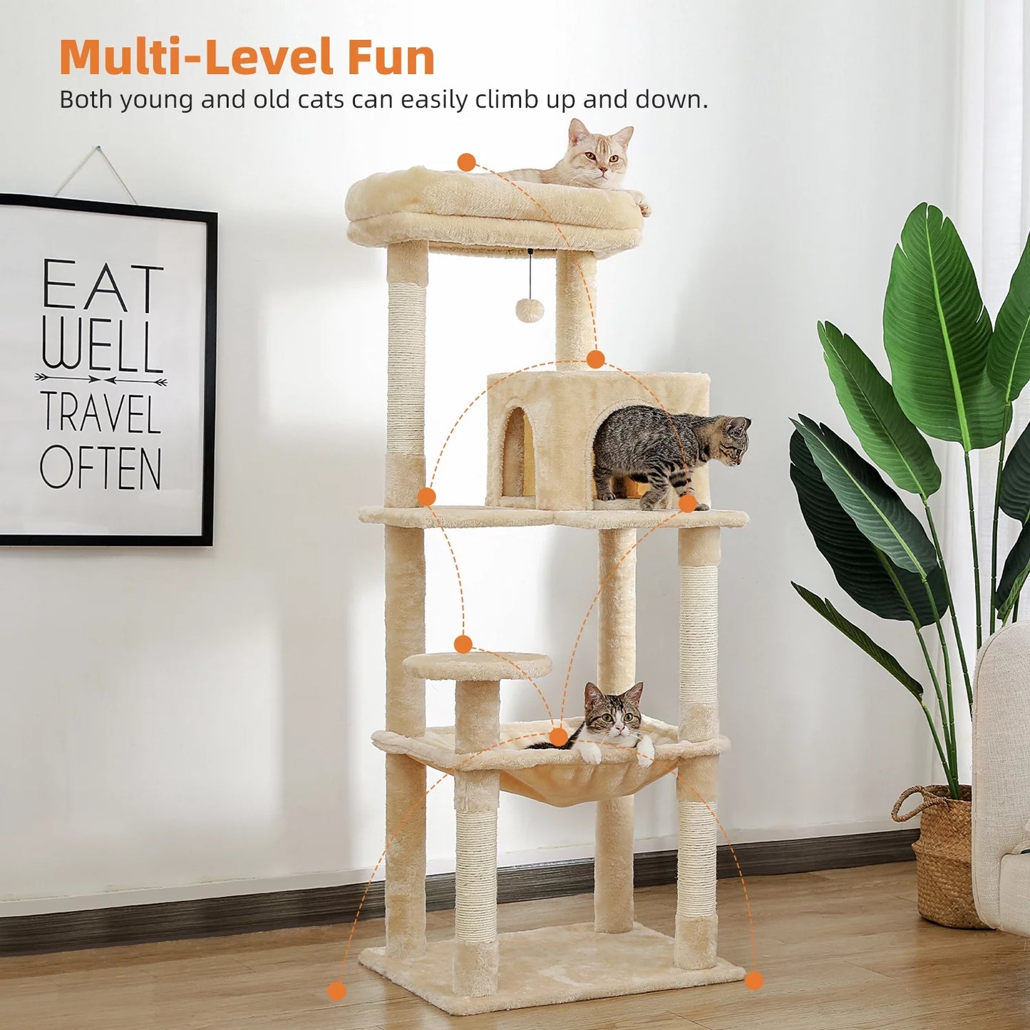 Cat Tree Tower with Hammock and Sisal Scratching Posts 54"