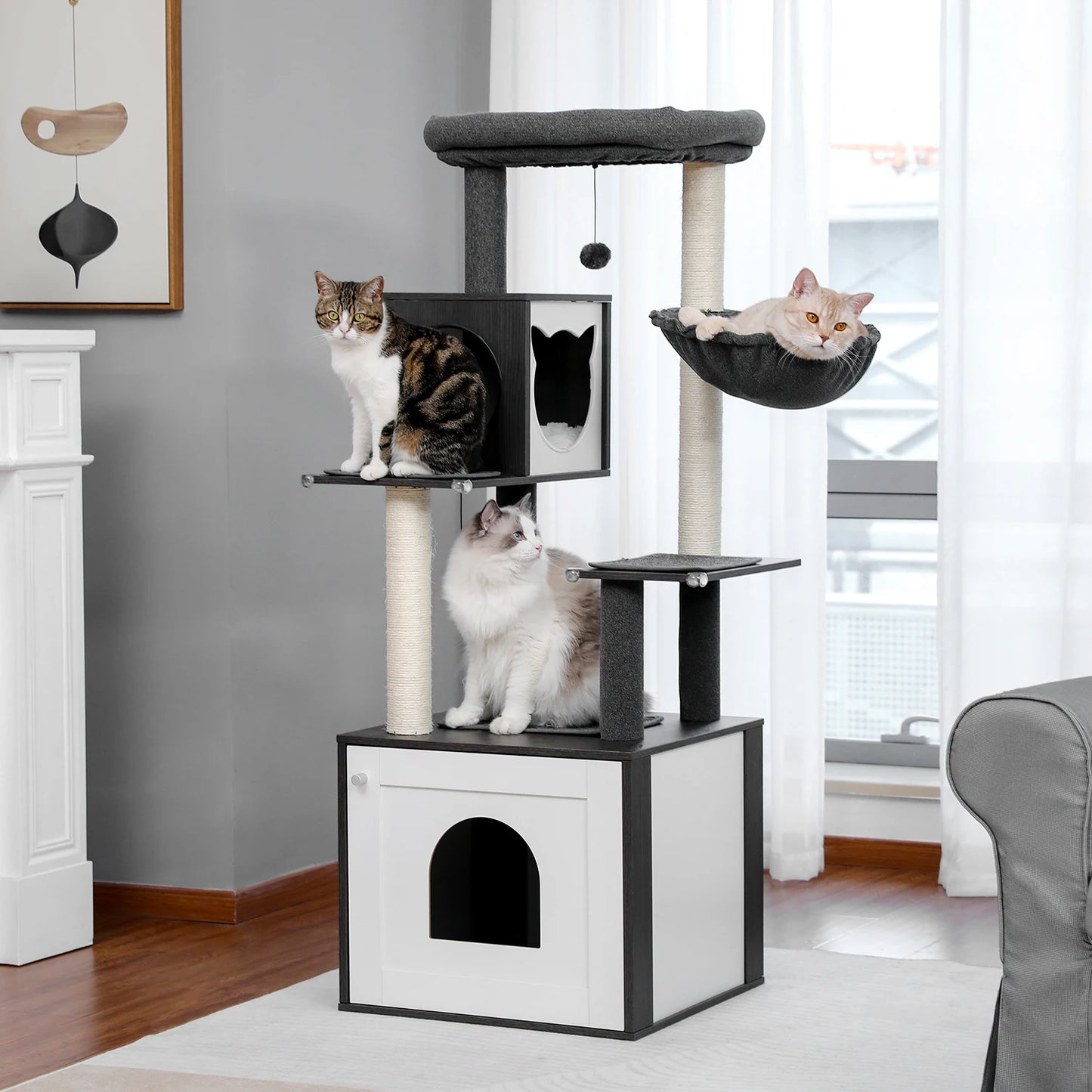 Dark Cat Tree with Litter Box Enclosure Large Wood Cat Tower with Storage Cabinet and Cozy Cat Condo Sisal Covered Scratching Post