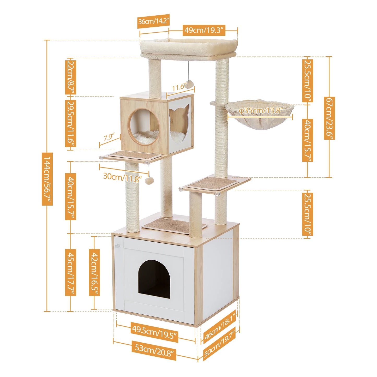 Wood Cat Tower with Storage Cabinet and Cozy Cat Condo Sisal Covered Scratching Post