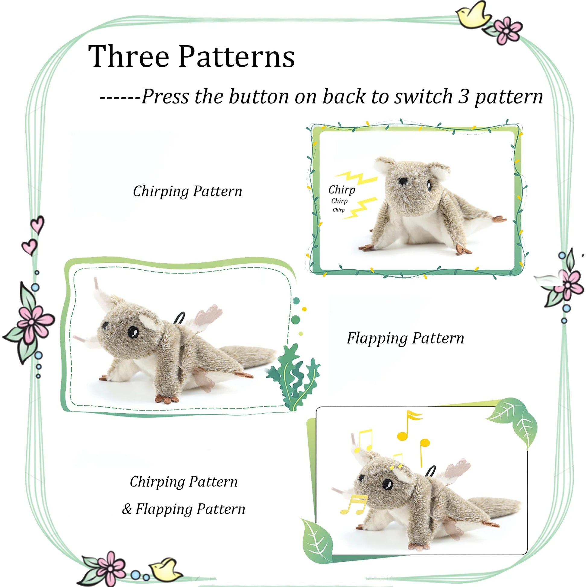 Interactive Cat Toys Flapping Squeaky Mouse Kitten Toy Real Plush Mice Chirp Kitty Toy with 3 Motion Activated Pattern Automatic Cat Catnip Toy for Indoor Cats USB Rechargeable Flying Squirrel
