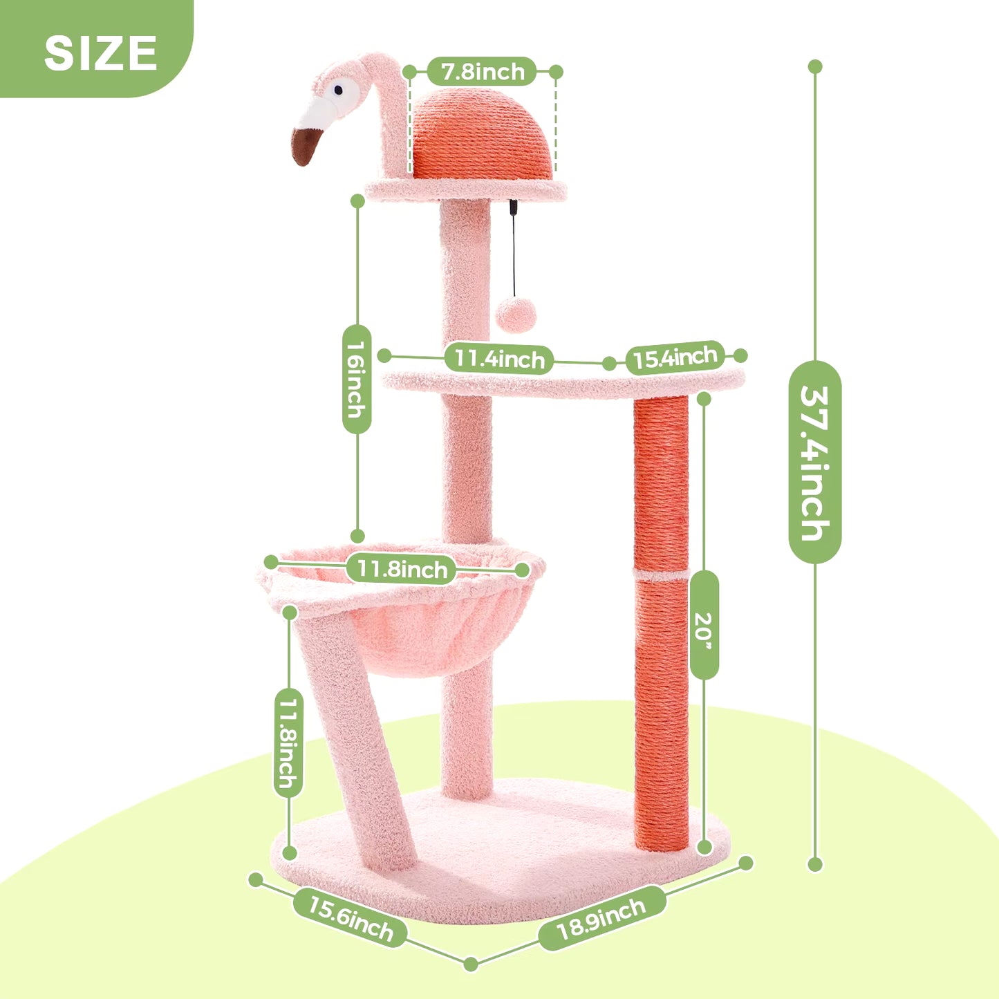 Pink Flamingo Cat Tree Tower, Multi-Level, Scratching Posts, Hammock, Perch, Small to Medium Cats, Toy
