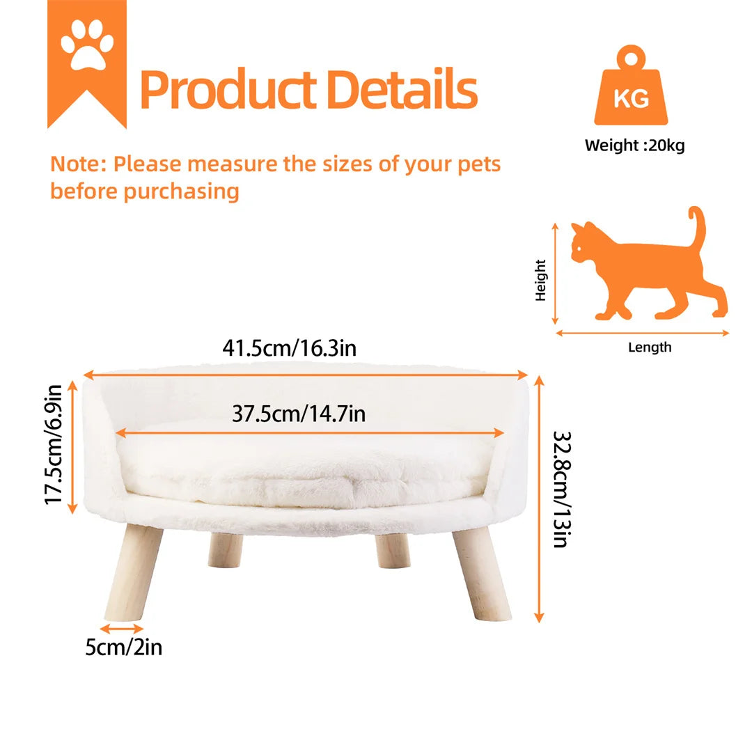 Luxury Cat Bed Soft Warm Plush Fabric Pet Nesting Chair Bed Stool Wood Legs with Cushion Pad Washable Waterproof for Small Pets