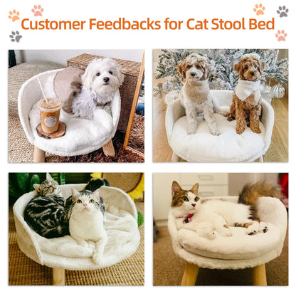 Luxury Cat Bed Soft Warm Plush Fabric Pet Nesting Chair Bed Stool Wood Legs with Cushion Pad Washable Waterproof for Small Pets