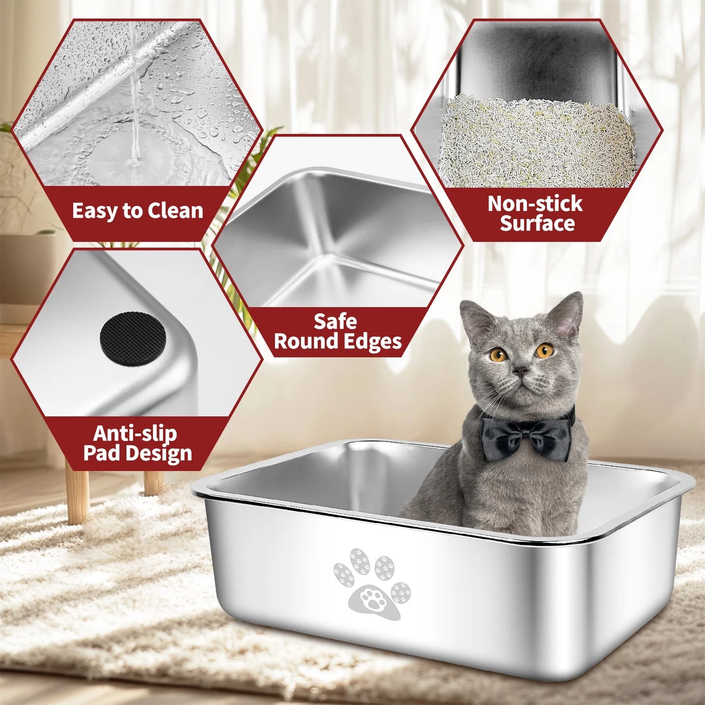 Cat Litter Box with High Sides Large Stainless Steel Litter Pan 23.6" X 15.7" X 5.9"