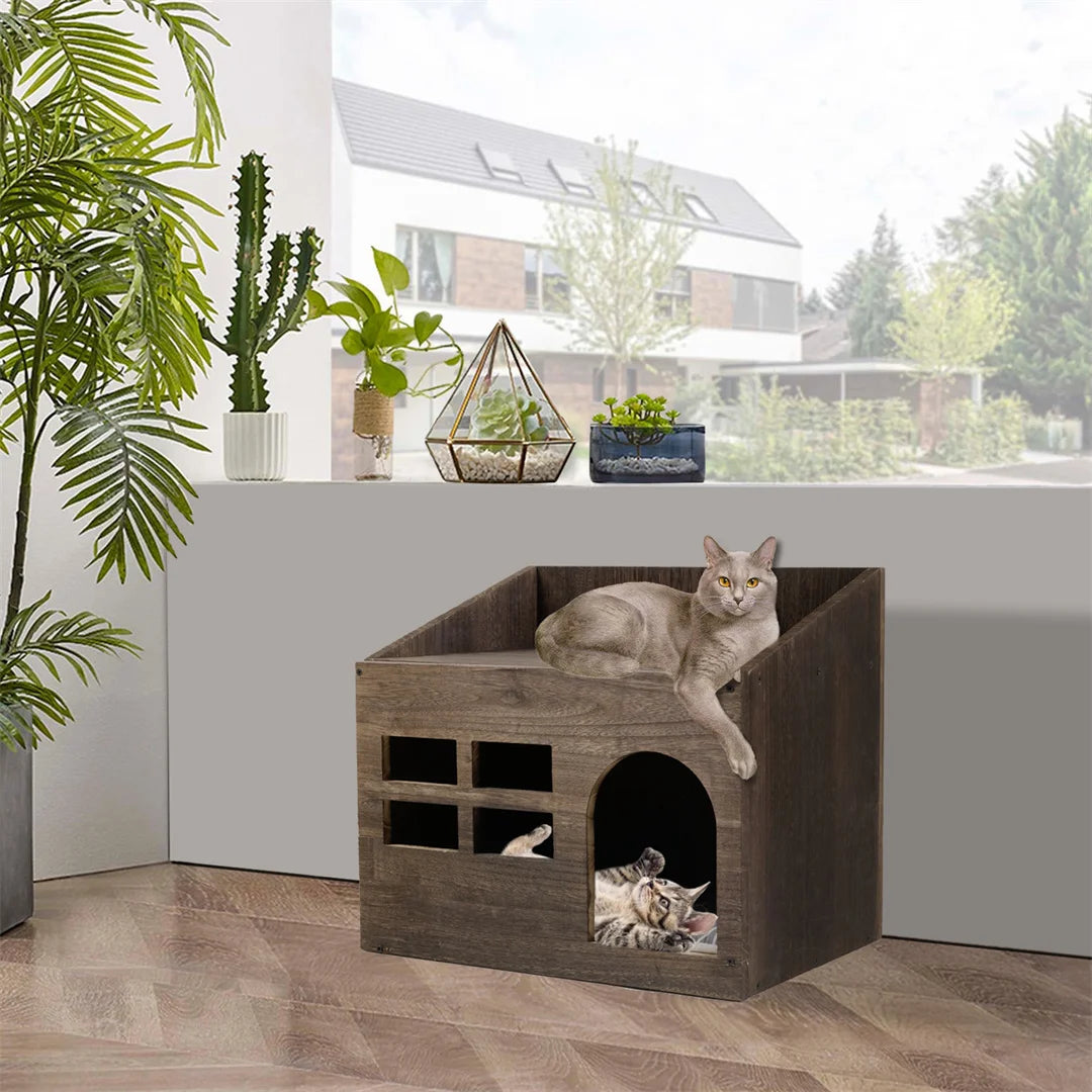Wooden Cat Cave Bed Furniture Kitten Sleep Lounge House Bed with Cushion Pad