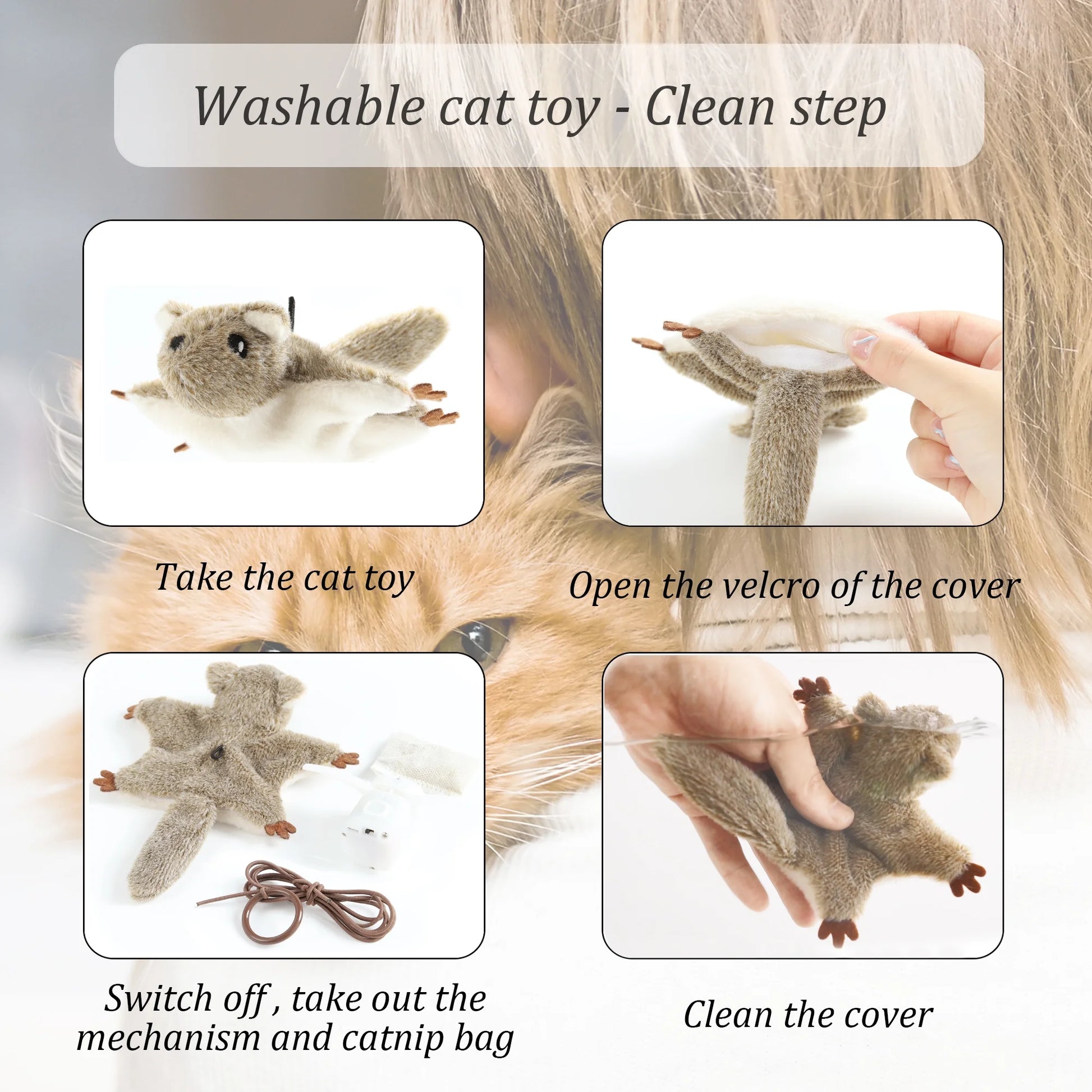 Interactive Cat Toys Flapping Squeaky Mouse Kitten Toy Real Plush Mice Chirp Kitty Toy with 3 Motion Activated Pattern Automatic Cat Catnip Toy for Indoor Cats USB Rechargeable Flying Squirrel