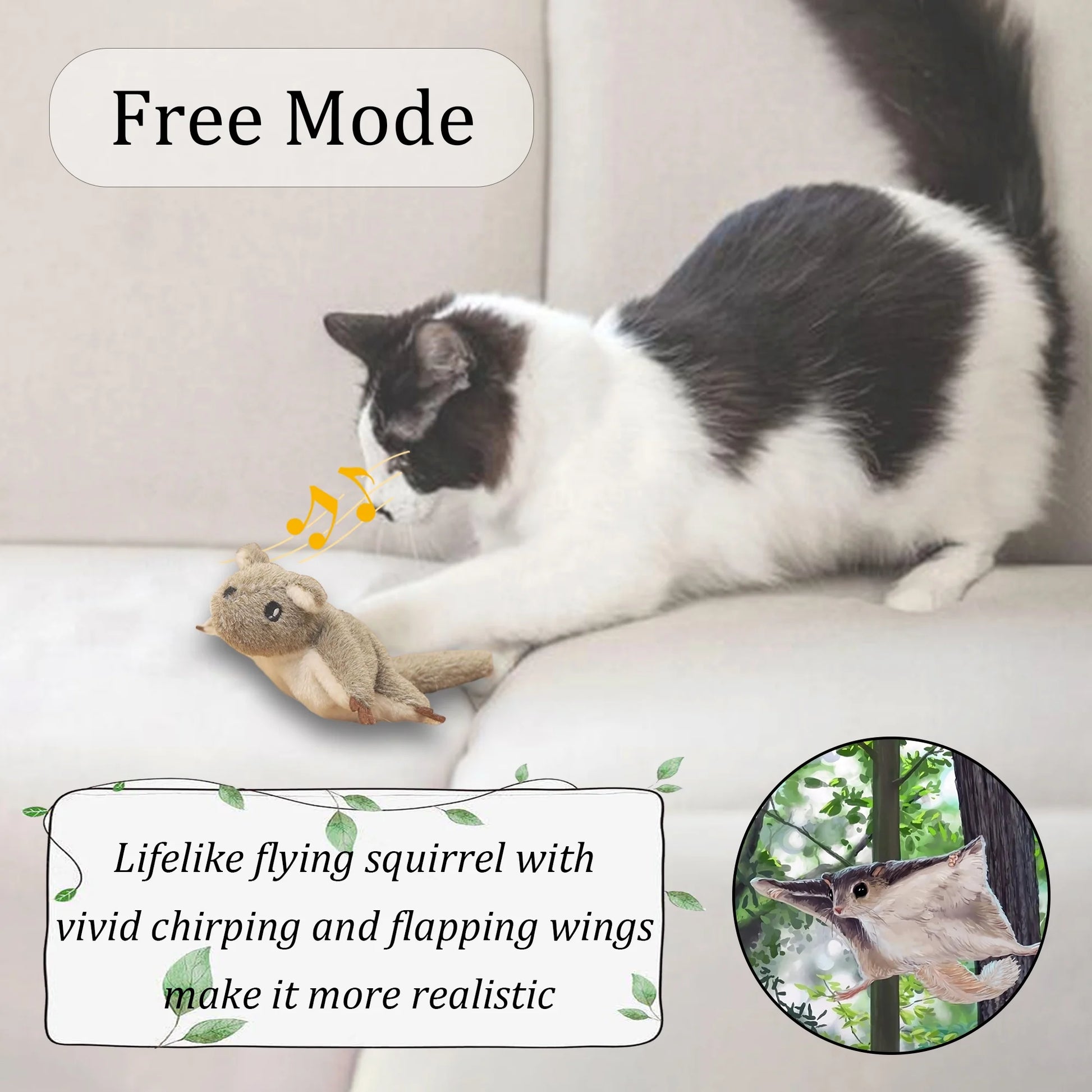 Interactive Cat Toys Flapping Squeaky Mouse Kitten Toy Real Plush Mice Chirp Kitty Toy with 3 Motion Activated Pattern Automatic Cat Catnip Toy for Indoor Cats USB Rechargeable Flying Squirrel