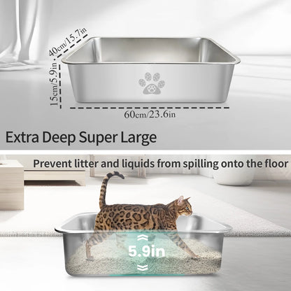 Cat Litter Box with High Sides Large Stainless Steel Litter Pan 23.6" X 15.7" X 5.9"