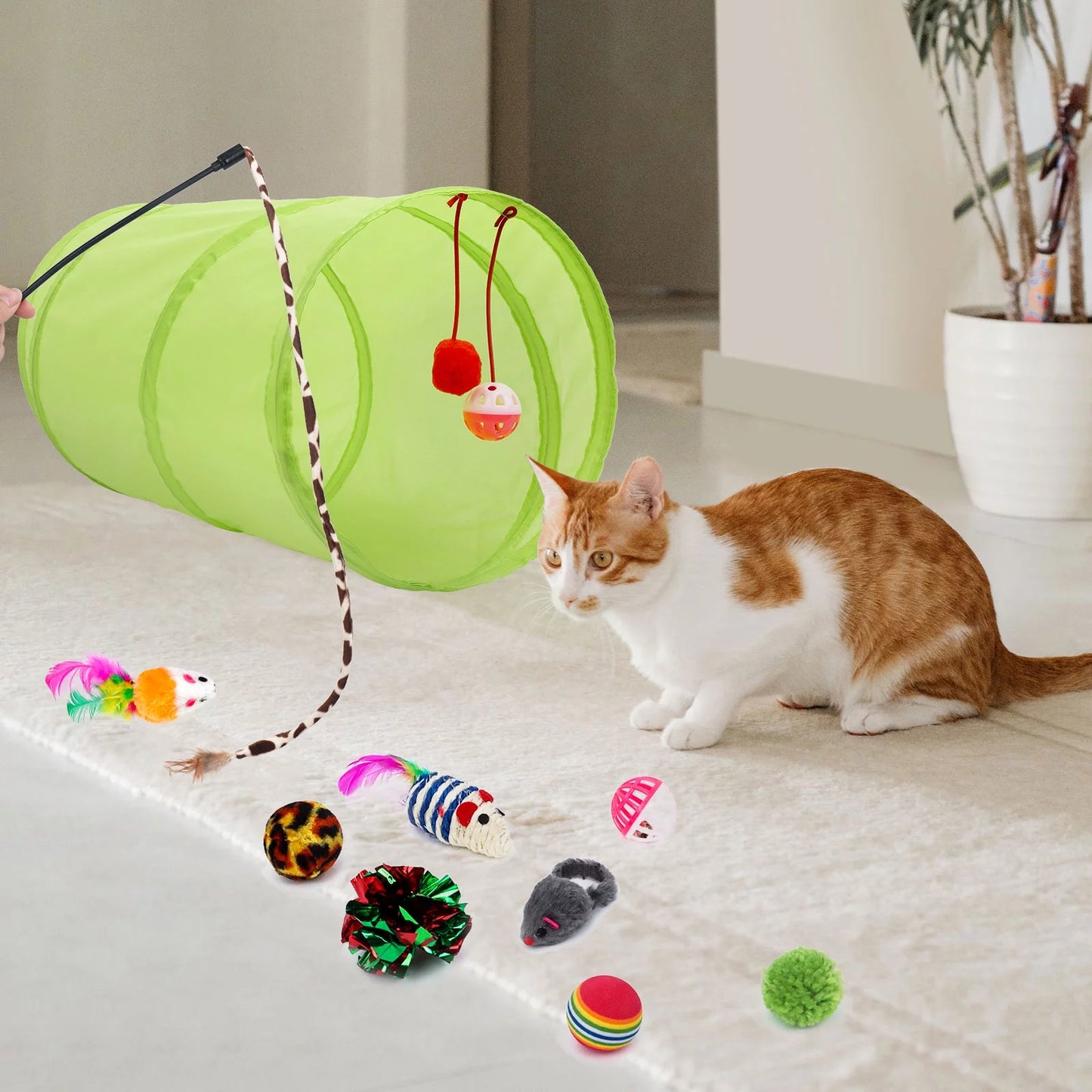 21 Pcs Cat Toys Kitten Toys Assortments Tunnel Interactive Cat Teaser Fluffy Mouse Crinkle Balls for Cat