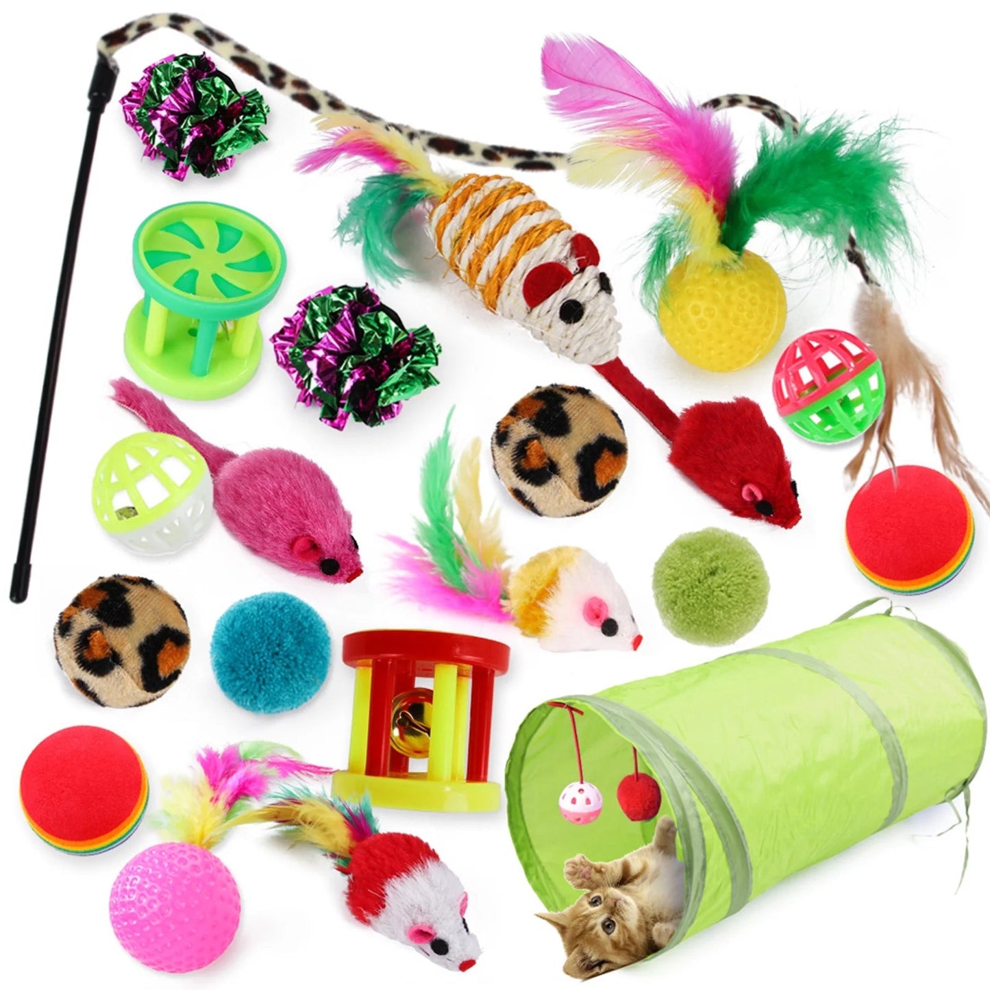 21 Pcs Cat Toys Kitten Toys Assortments Tunnel Interactive Cat Teaser Fluffy Mouse Crinkle Balls for Cat