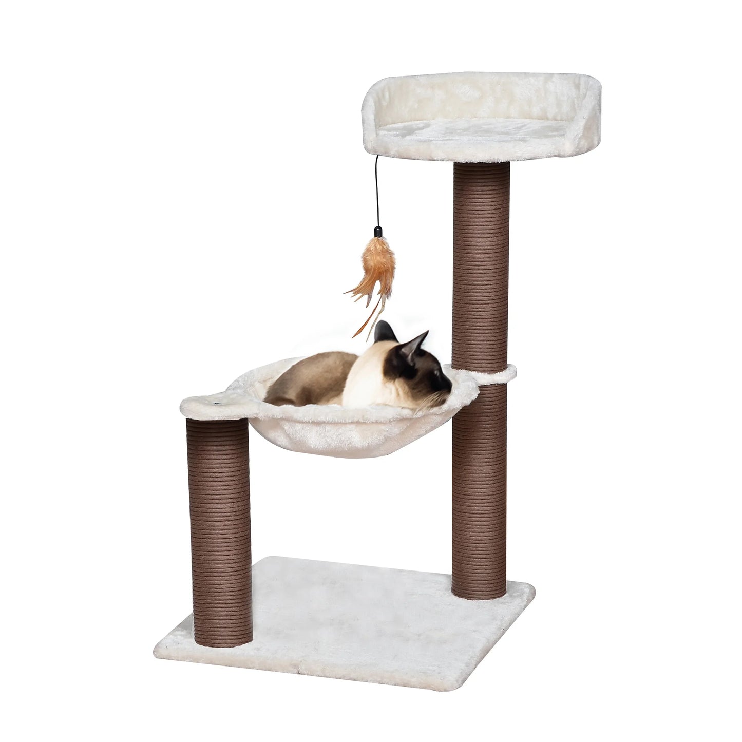 28" Beige 3-Level Small Cat Tree with Hammock Scratching Post Tower with Plush Perch