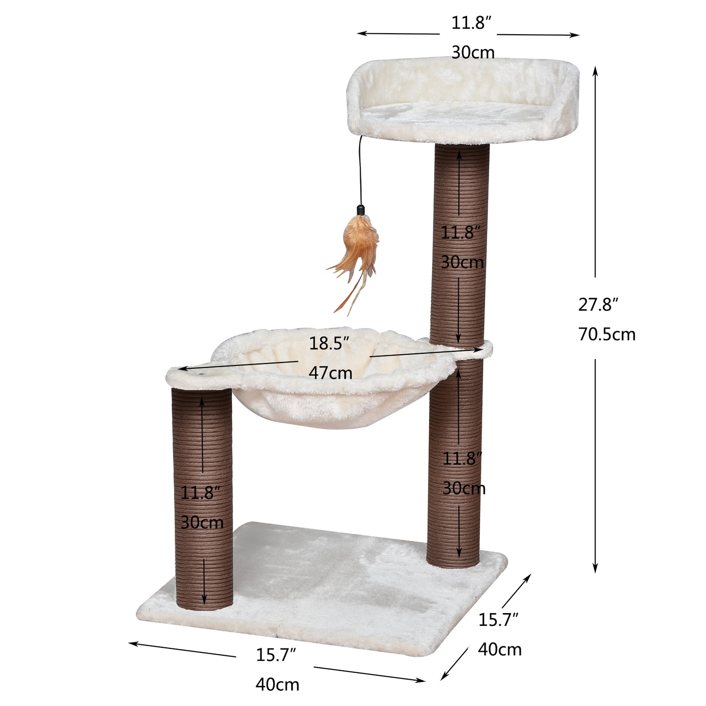 28" Beige 3-Level Small Cat Tree with Hammock Scratching Post Tower with Plush Perch