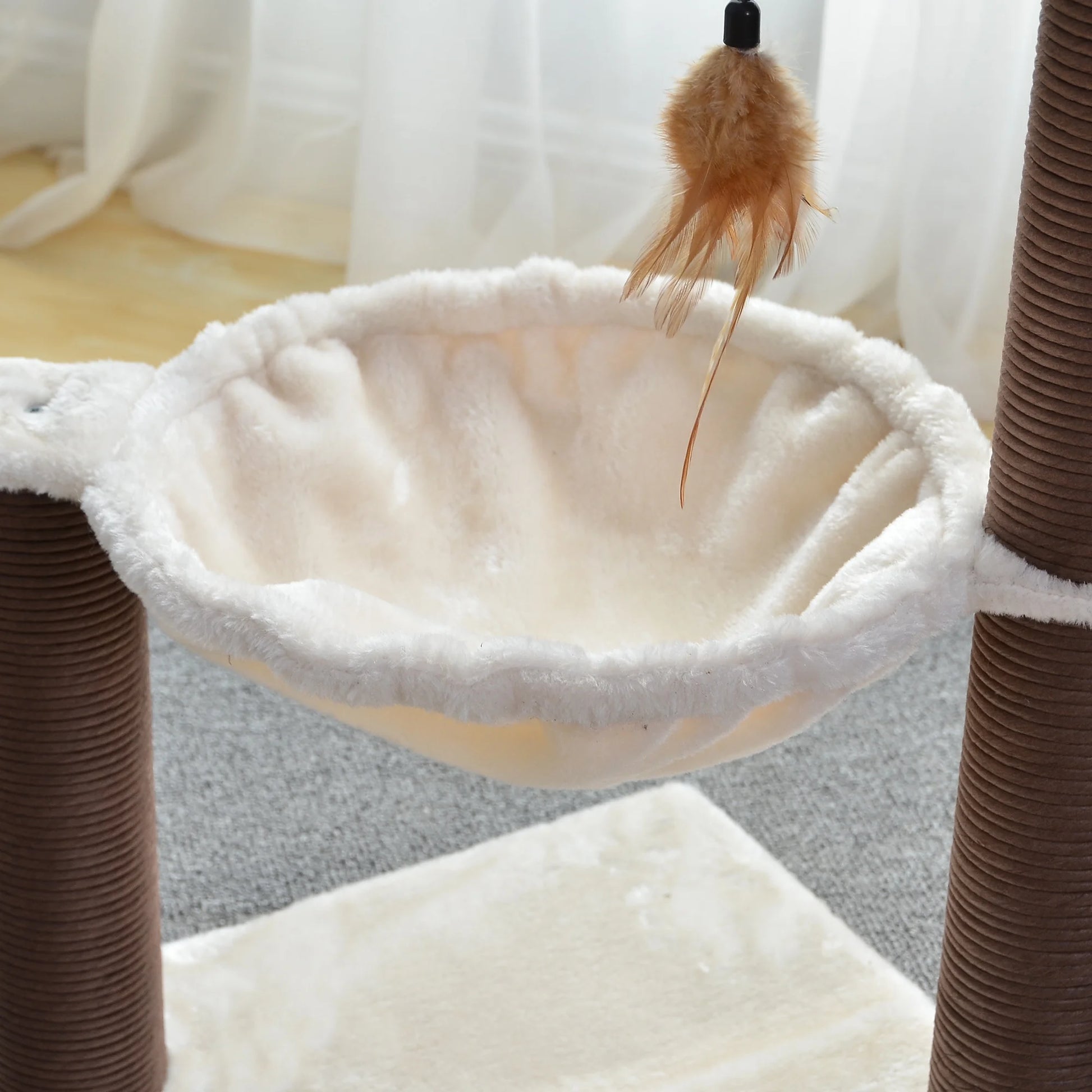 28" Beige 3-Level Small Cat Tree with Hammock Scratching Post Tower with Plush Perch