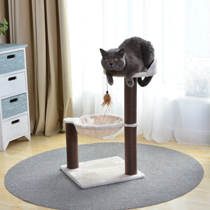 28" Beige 3-Level Small Cat Tree with Hammock Scratching Post Tower with Plush Perch