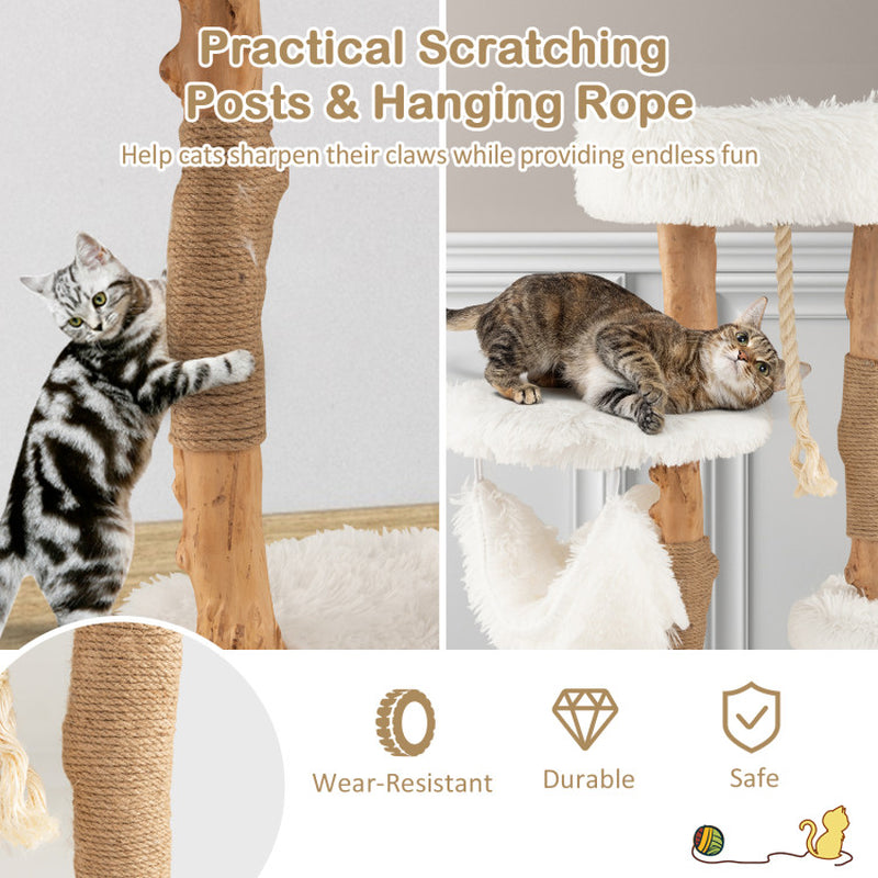 Solid Wood Cat Tower with Jute Scratching Posts and Hanging Rope