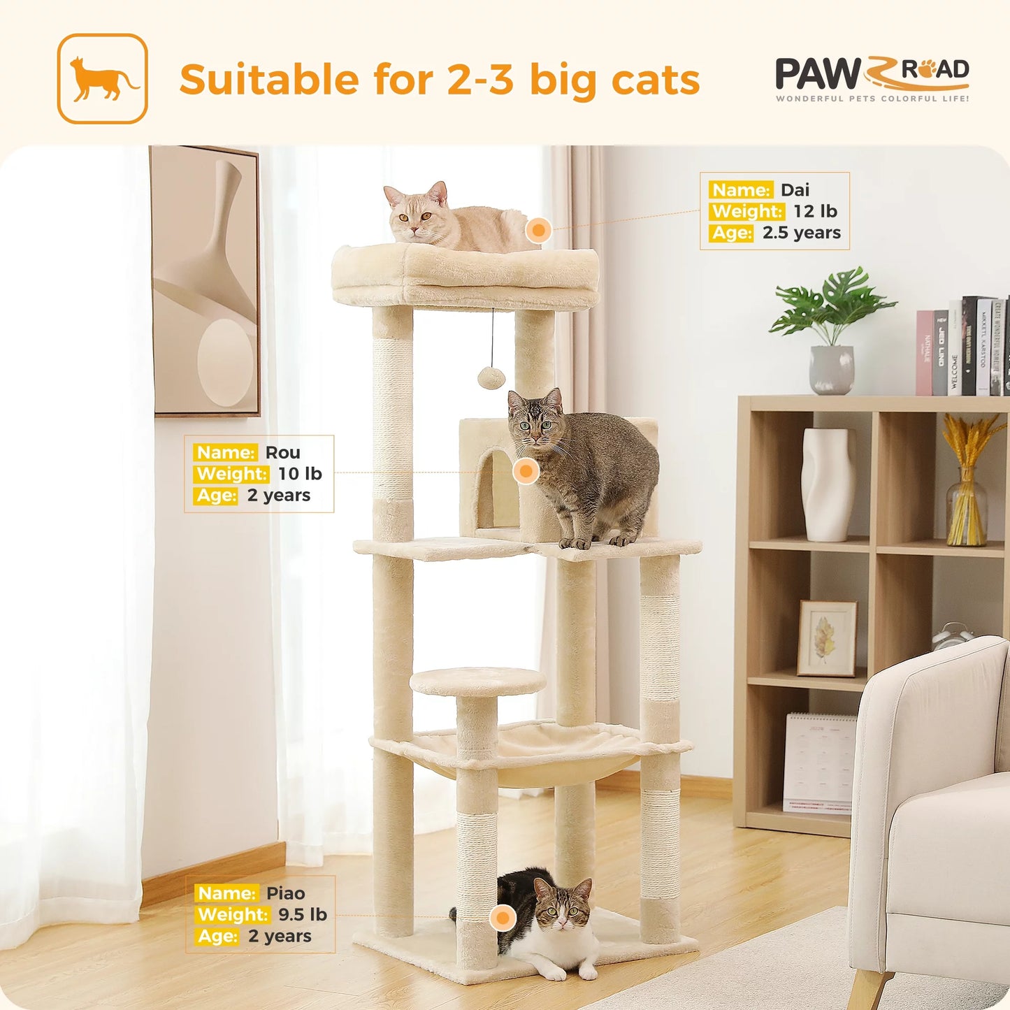 Cat Tree Tower with Hammock and Sisal Scratching Posts 54"