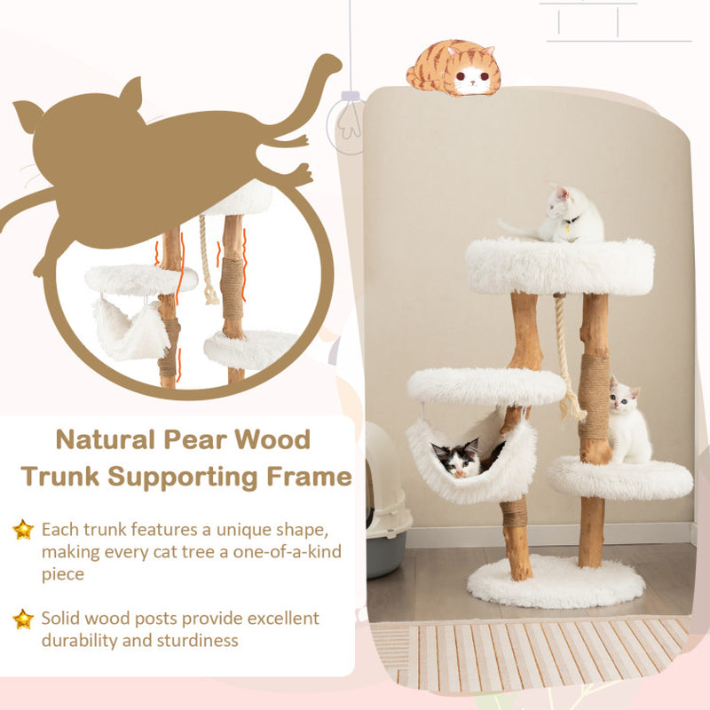 Solid Wood Cat Tower with Jute Scratching Posts and Hanging Rope