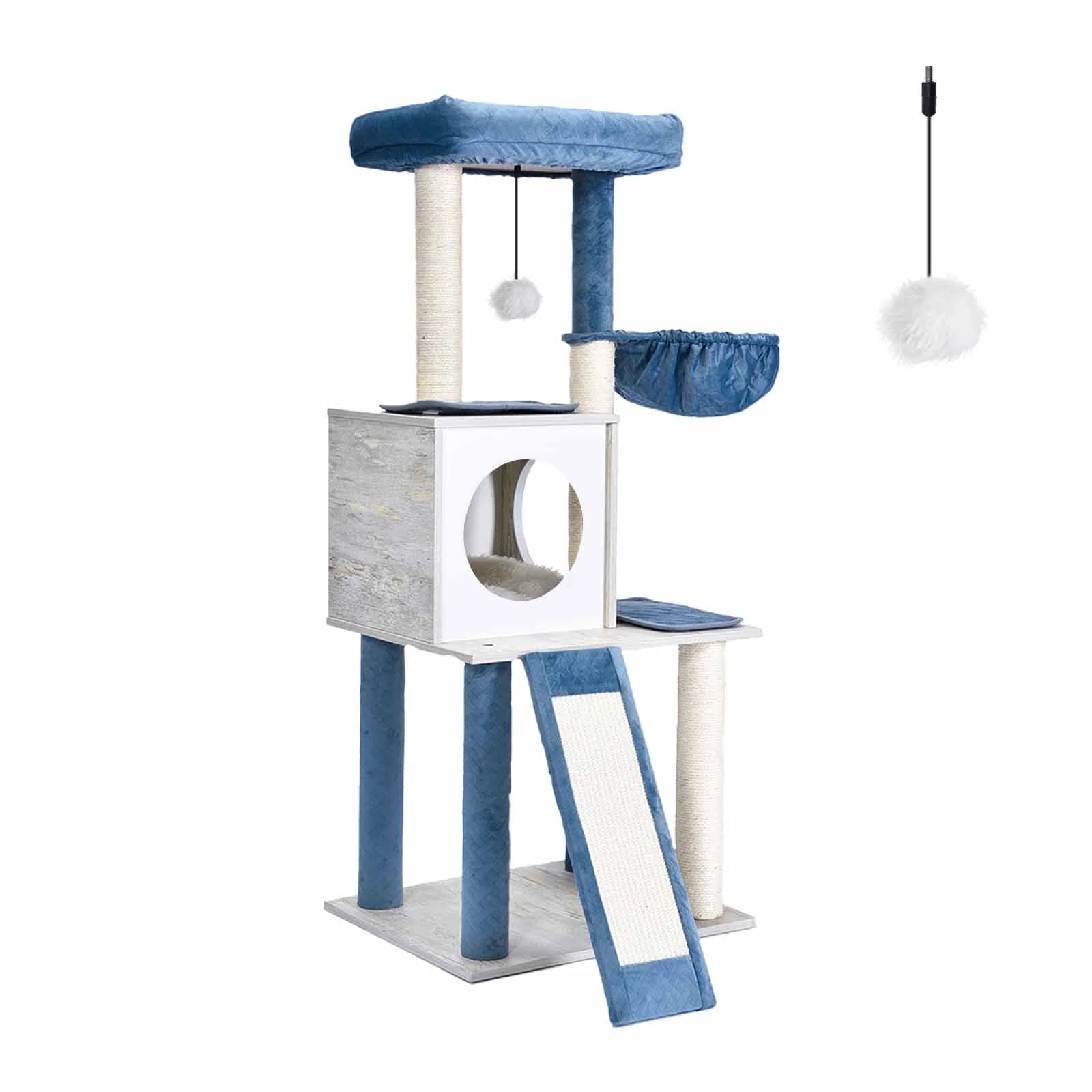 45 in Cat Tree Cat Tower with Perch, Hammock, Scratching Post, Stone Blue, 18.9X15.75X45"