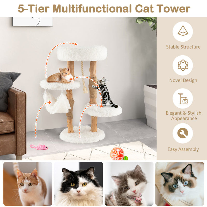 Solid Wood Cat Tower with Jute Scratching Posts and Hanging Rope