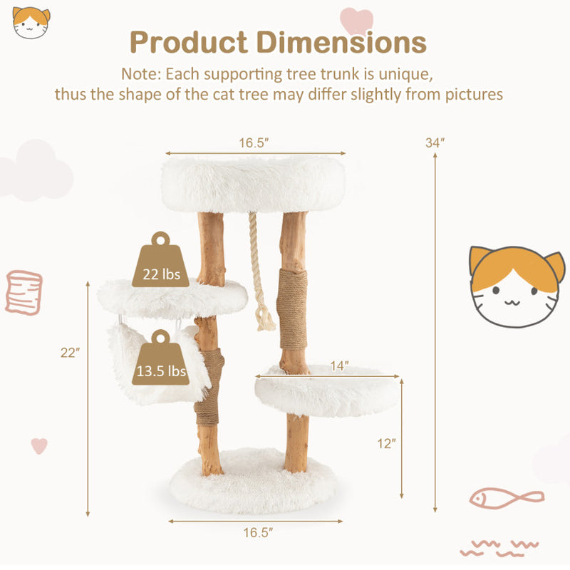 Solid Wood Cat Tower with Jute Scratching Posts and Hanging Rope